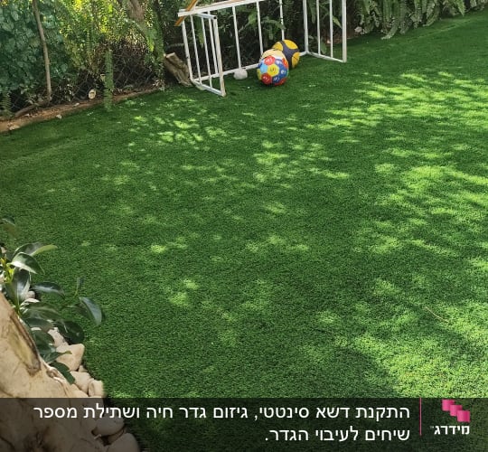 דשא סינתטי עם אבנים ועצים מסביב